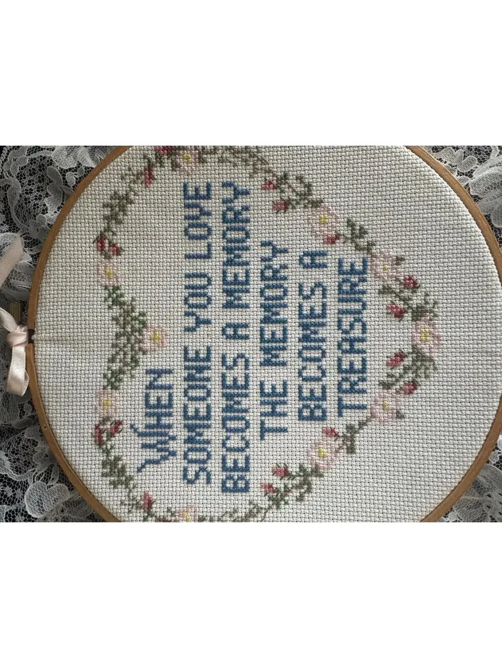Vtg Handmade Cross Stitch Memorial Quote Wall Decor Lace Trim Embroidery Hoop